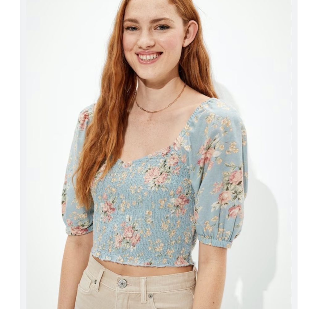 American Eagle Women’s Floral Smocked Sweetheart Neck Top Size XL